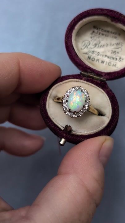 Film of Mid Century 18ct Gold Opal Diamond Cluster Ring