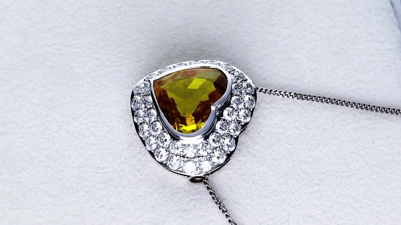 Film of 6.68ct Yellow Sapphire and 3.95ct Diamond, Platinum Heart Pendant - Vintage Circa 1945