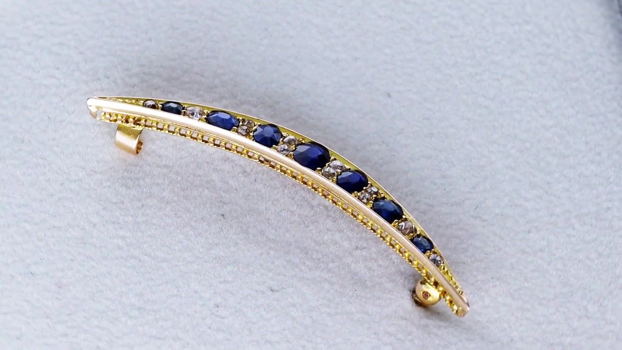 Film of 2.10ct Sapphire 0.25ct Diamond and 9ct Yellow Gold Crescent Brooch - Antique Circa 1890