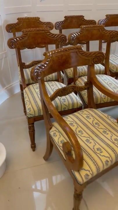 Film of Unusual Set of 8 Quality Antique Decorated Faux Birds Eye Maple Dining Chairs