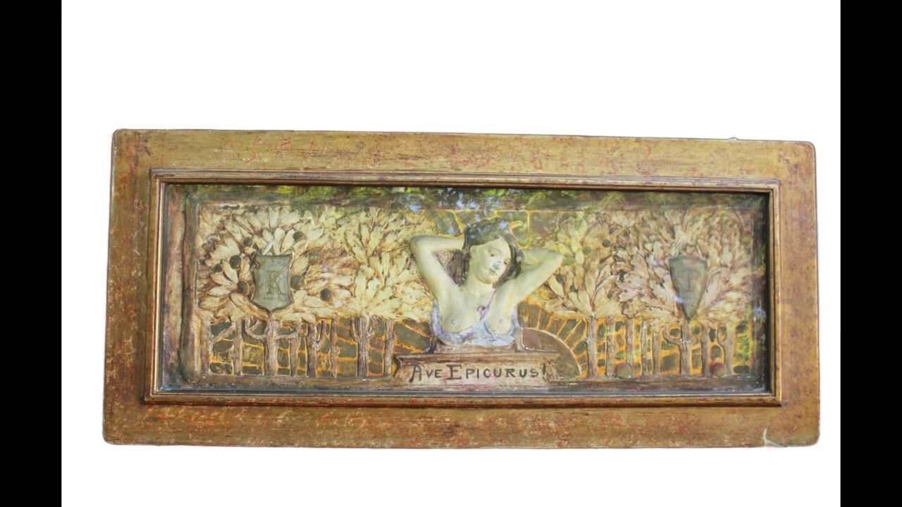 Film of Rare British Arts & Crafts Polychrome Plaster Relief “Ave Epicurus!”, C.1900