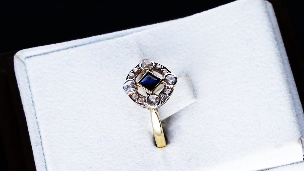 Film of Antique 0.20ct Sapphire and 0.32ct Diamond 18ct Yellow Gold Dress Ring Circa 1910