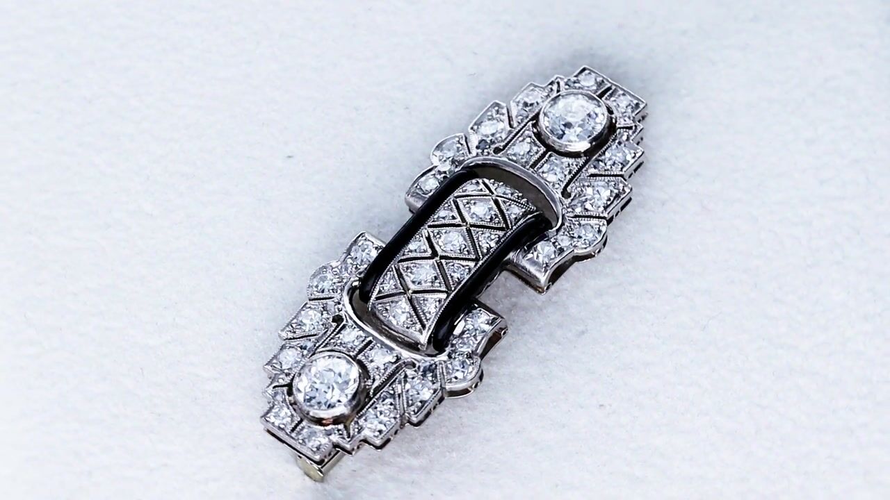 Film of 2.38ct Diamond, Black Enamel and Platinum Brooch - Art Deco - Antique Circa 1925