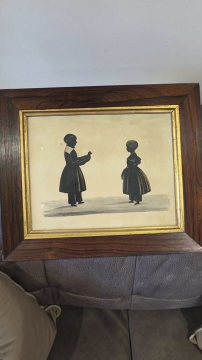 Film of Early/mid 19thc Framed Large Silhouette of Two Girls - One Holding a Bird