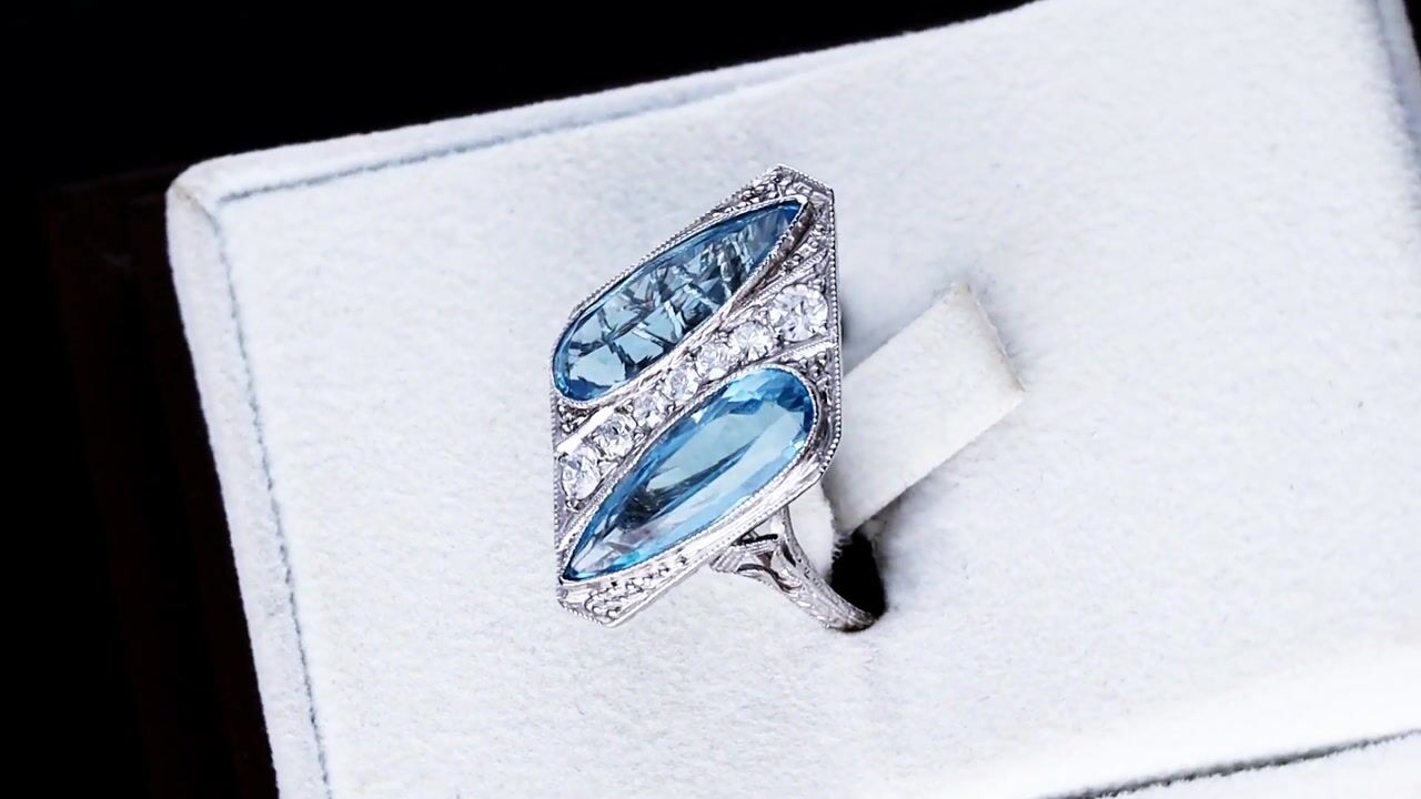 Film of 6.45ct Aquamarine and 0.48ct Diamond, Platinum Cocktail Ring - Antique Circa 1920