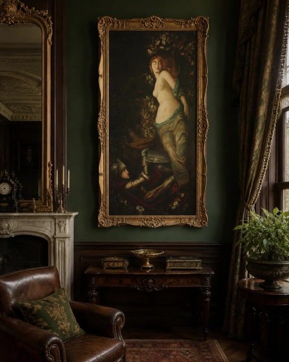 Film of Large Antique Pre-raphaelite Oil Painting of La Belle Dame Sans Merci