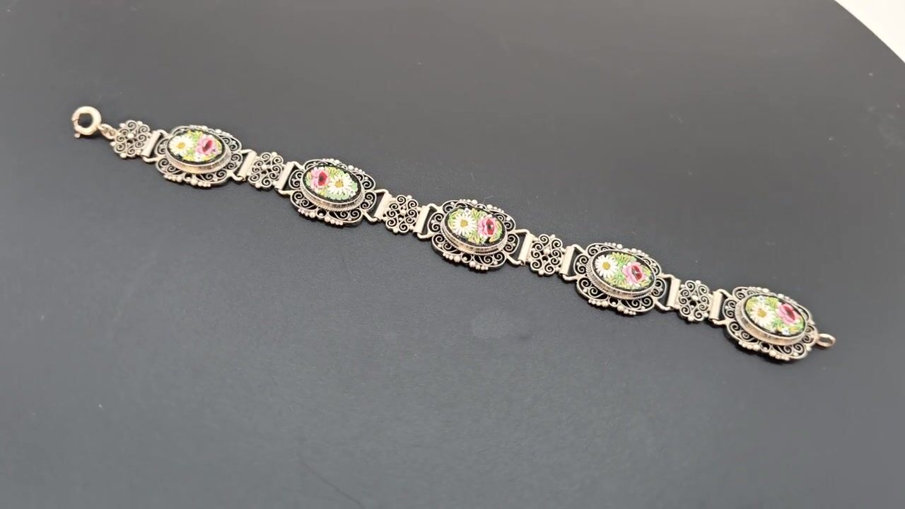 Film of A Rare Italian Silver Filigree and Micro Mosaic Bracelet C1920