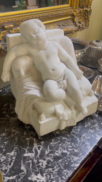 Film of 19th Century Italian Carrara Marble Sculpture of Sleeping Putto