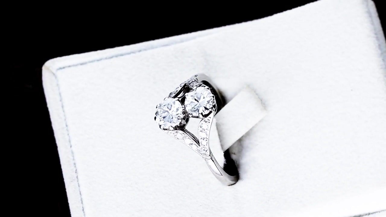 Film of Antique 1.35ct Diamond and Platinum Two Stone Ring Circa 1925