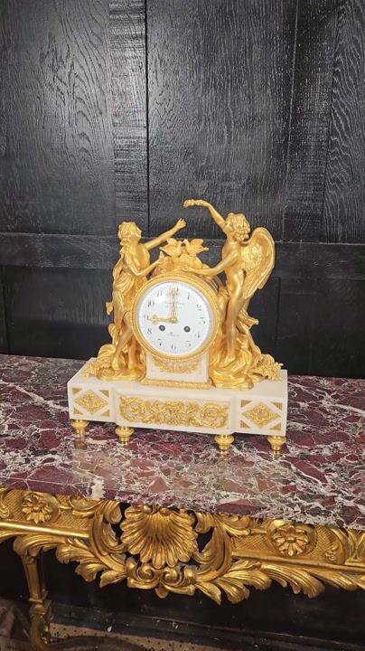 Film of Antique French Ormolu and Marble Clock Cupid and Psyche by Bagues Freres, Paris