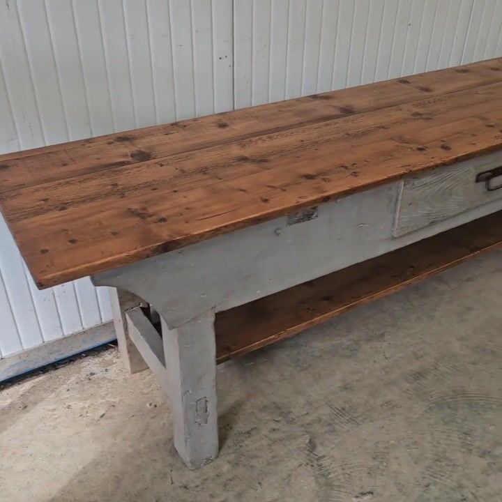 Film of Unusual Long Rustic Painted Pine Worktable with Shelf