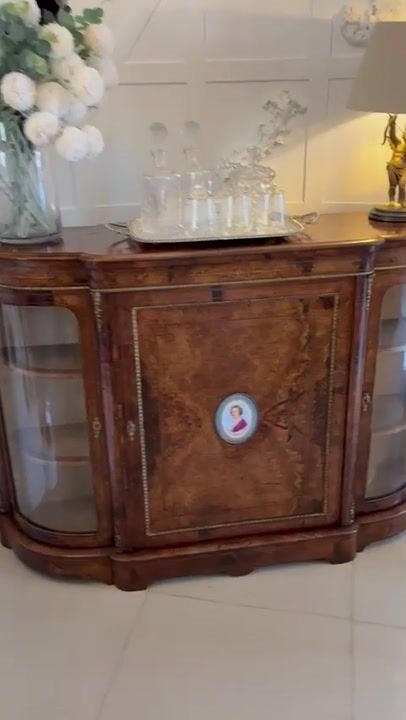 Film of Outstanding Quality Antique Victorian Inlaid Burr Walnut Porcelain Mounted Credenza