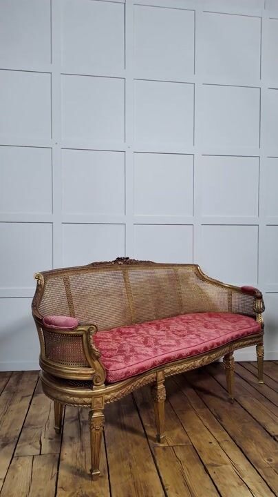 Film of French Louis XVI Style Giltwood and Cane Settee
