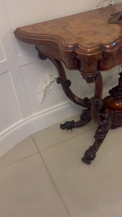 Film of Antique Exceptional Quality Victorian Burr Walnut Card Table/console Table with Carved Basket Base