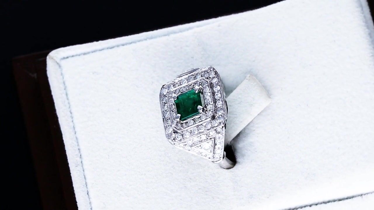 Film of Antique 0.50ct Emerald and 0.90ct Diamond Platinum Ring Circa 1920