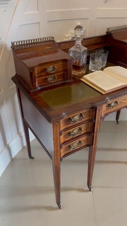 Film of Fine Quality Antique Victorian Freestanding Maple & Co. Inlaid Writing Desk