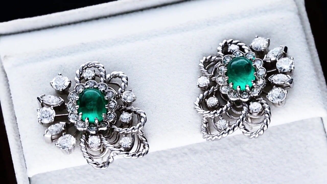 Film of Vintage 3ct Emerald and 4.26ct Diamond Platinum and Palladium Earrings Circa 1945