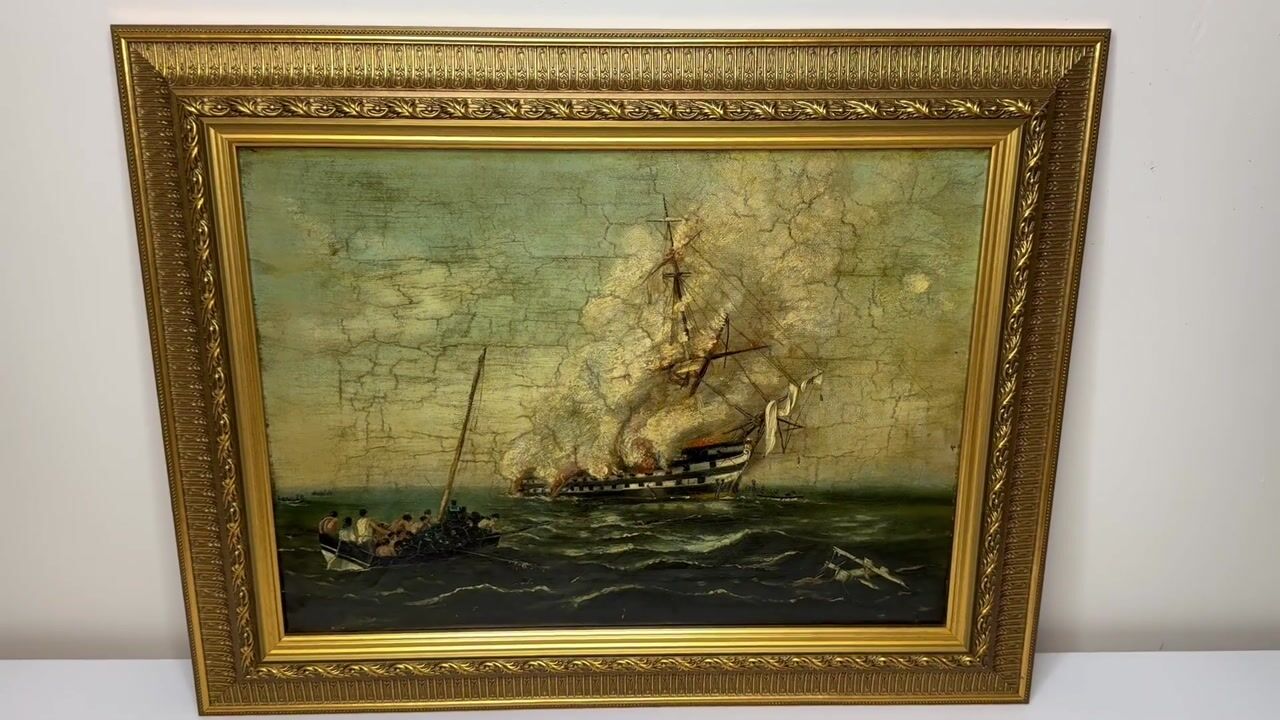 Film of Antique British Marine Oil Painting Burning of Hms Bombay 1864 After Beechey