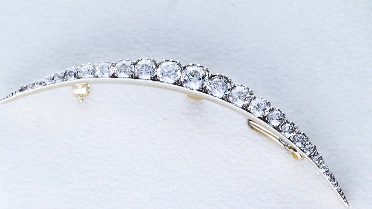 Film of Antique 5.62ct Diamond and 9ct Yellow Gold Crescent Brooch Circa 1900