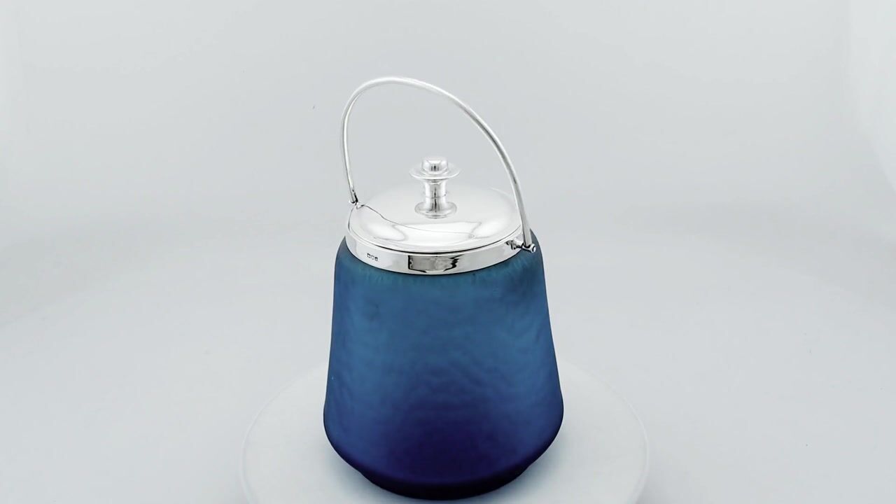 Film of Antique Victorian Sterling Silver and Blue Glass Biscuit Barrel (1896)
