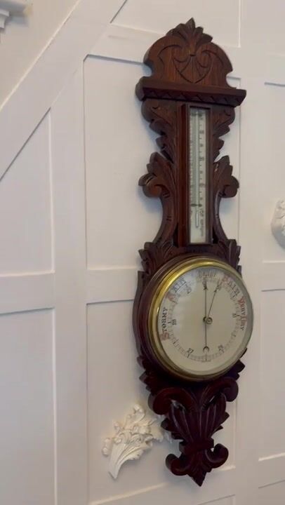 Film of Antique Carved Oak Aneroid Barometer with Thermometer