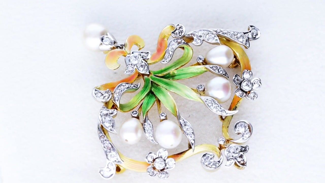 Film of Antique Natural Saltwater Pearl 2.42ct Diamond Enamel and 18ct Yellow Gold Pendant / Brooch Circa 1895