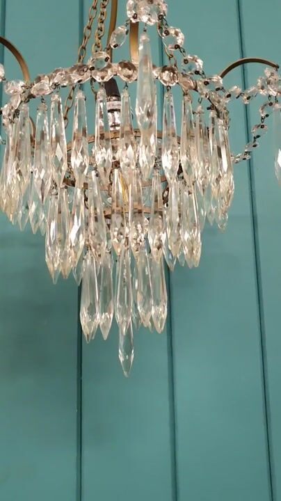 Film of Early 20th Century Brass Crystal Chandelier with Cut Glass Drops 12"