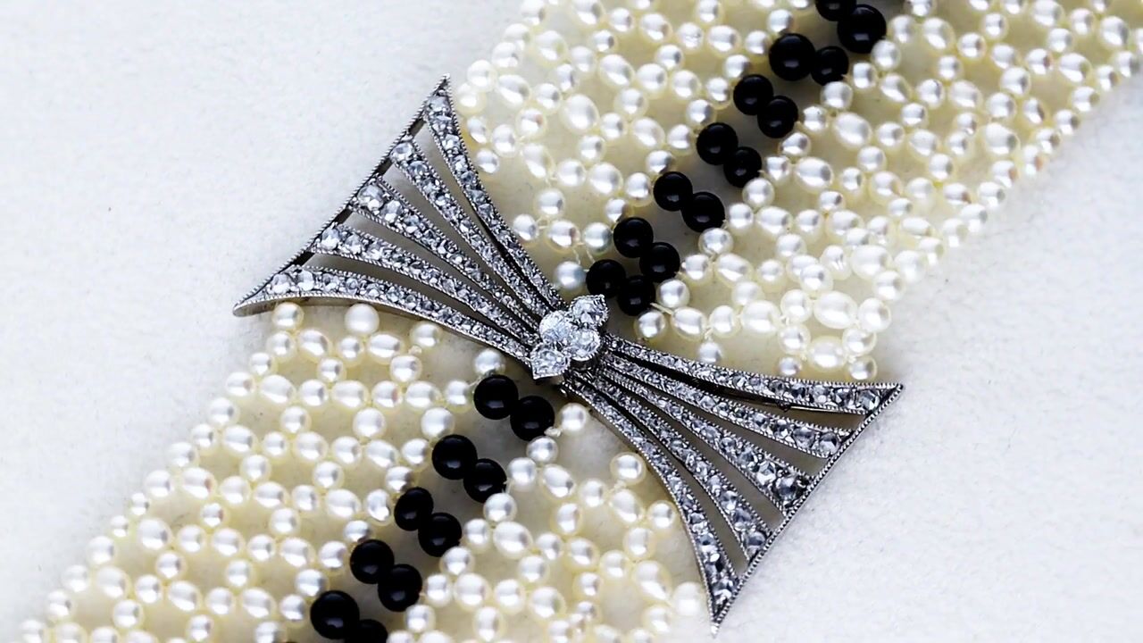 Film of Pearl 4.00ct Onyx 2.42ct Diamond and Platinum Bracelet - Antique Circa 1925
