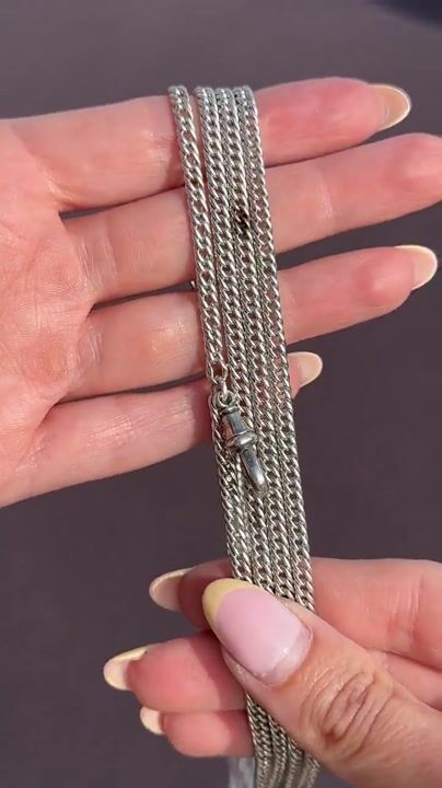Film of Antique Sterling Silver Flat Curb Link Long Guard Chain Necklace | 62" Length