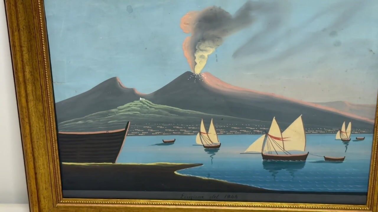 Film of Antique 19th Century Italian Vesuvius Eruption 1844 Gouache Painting