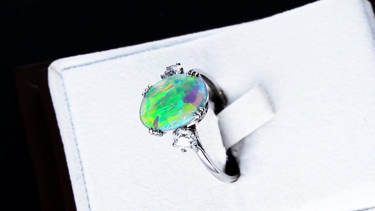 Film of 2.11ct Opal and 0.61ct Diamond, Platinum Trilogy Ring - Antique Circa 1920