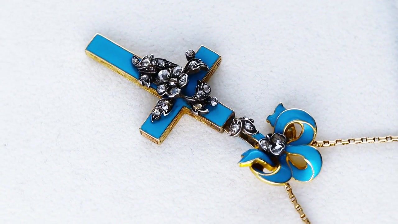 Film of 0.44ct Diamond and Blue Enamel 15ct Yellow Gold Cross Pendant - Antique Circa 1830
