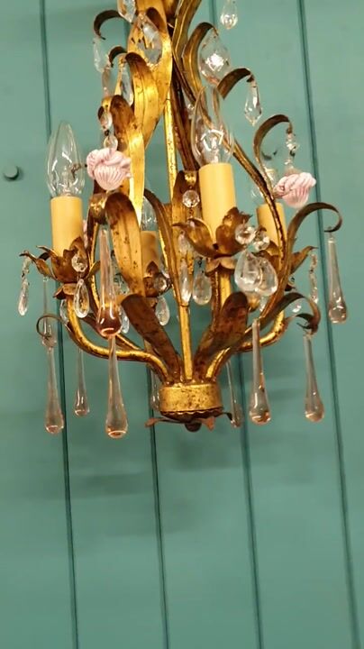 Film of Early 20th Century French Gilt Metal Chandelier with Pink Glass Drops 13"