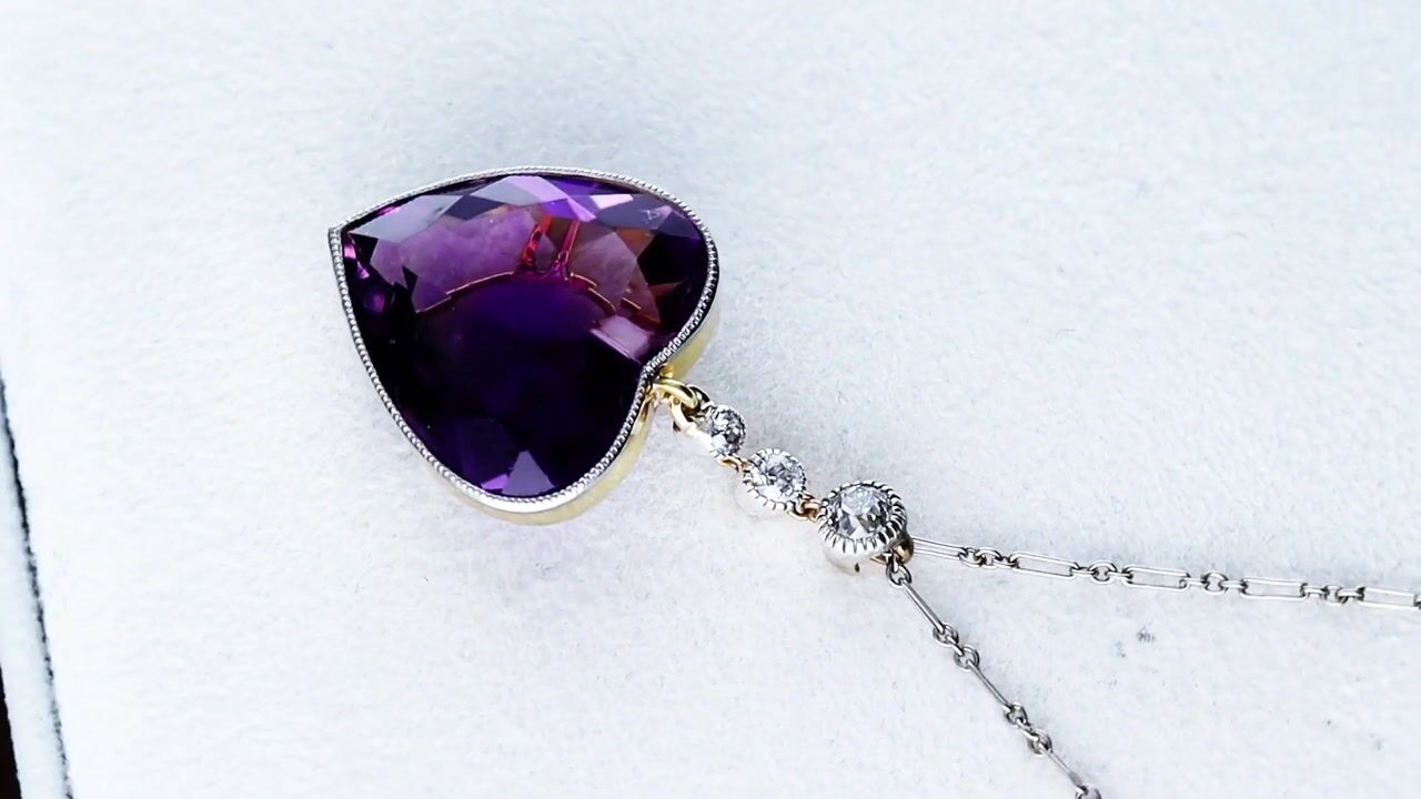 Film of Antique 18.10ct Amethyst and 0.32ct Diamond 14ct Yellow Gold Heart Pendant Circa 1900