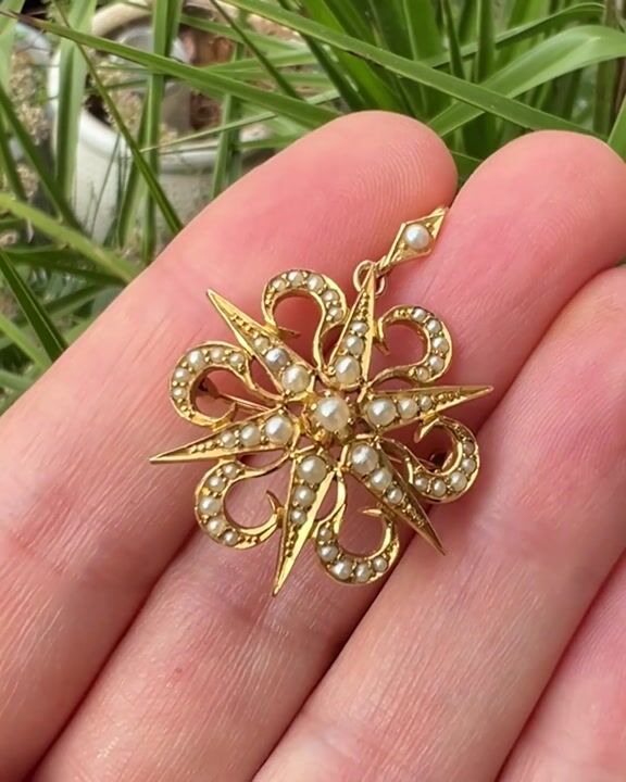 Film of Antique 15ct Gold Pearl Sunburst Pendant/brooch