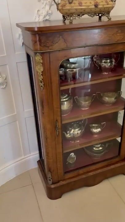 Film of Antique Victorian Quality Inlaid Burr Walnut Pier Cabinet