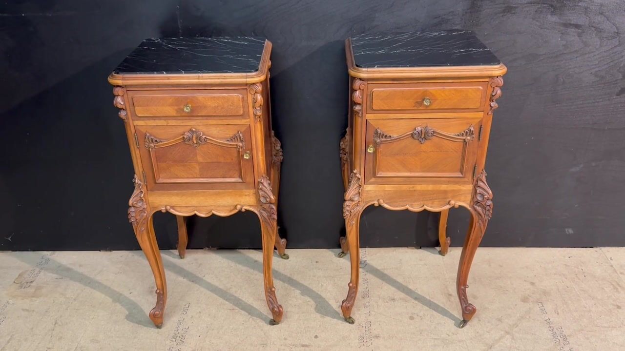 Film of Lovely Pair French Walnut Bedside Cabinets