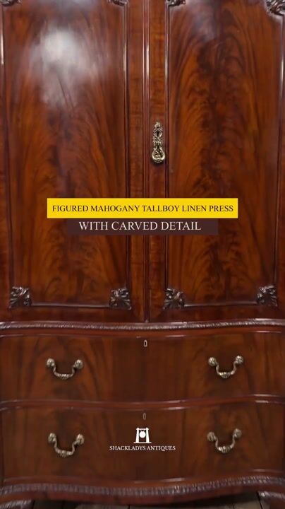 Film of Figured Mahogany Tallboy Linen Press with Carved Detail