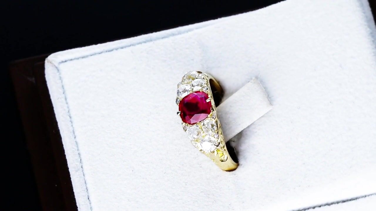 Film of Antique 1.00ct Burmese Ruby and 0.80ct Diamond 18ct Yellow Gold Dress Ring Circa 1930