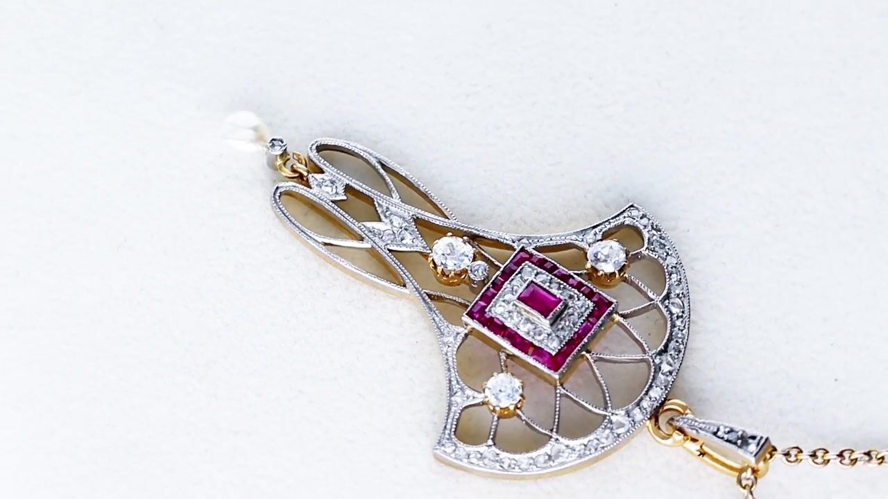 Film of 0.29ct Ruby, 0.80ct Diamond and Natural Pearl, 10ct Yellow Gold Pendant - Antique Circa 1915