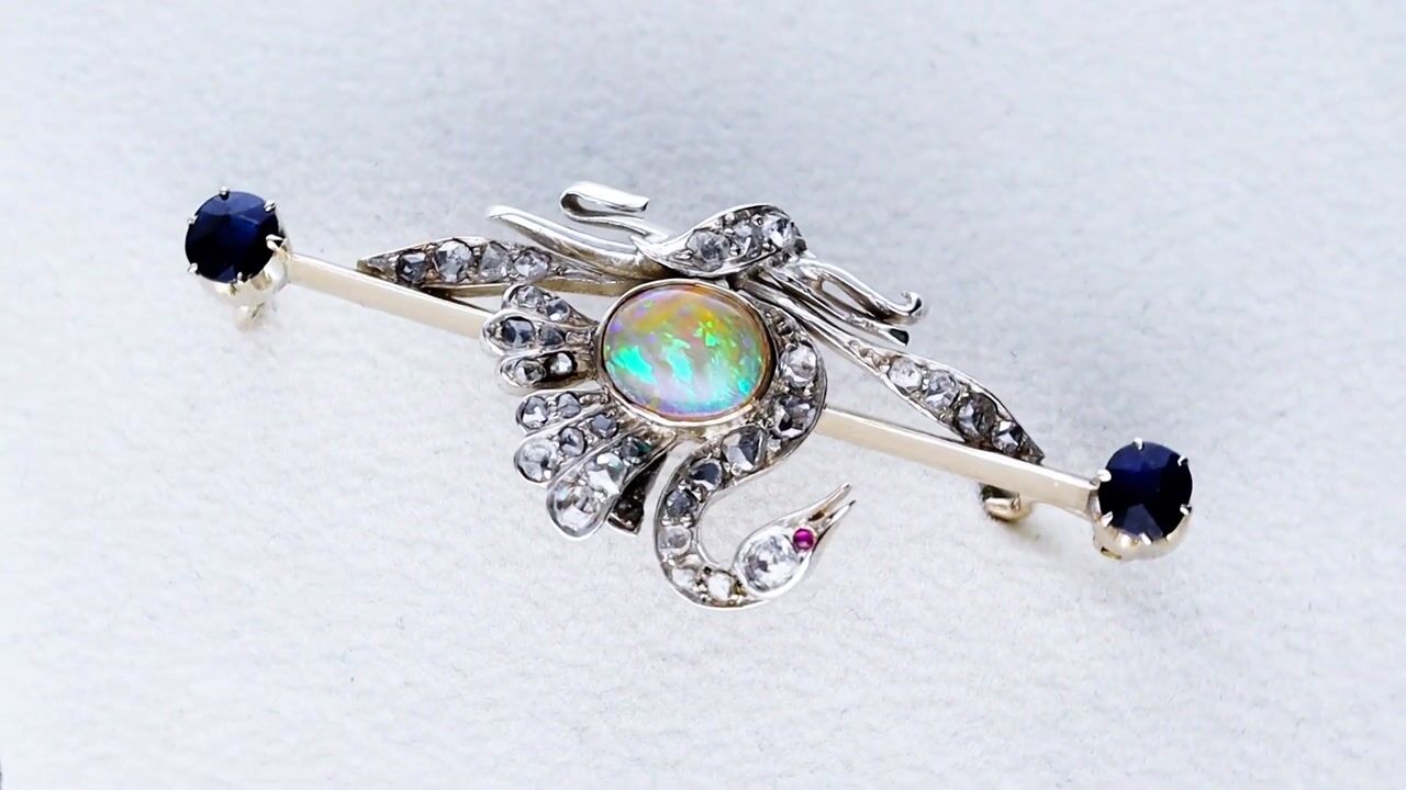 Film of 1.50ct Opal, 0.72ct Diamond, 0.90ct Sapphire and Ruby, 9ct Yellow Gold Swan Brooch - Antique Circa 1890
