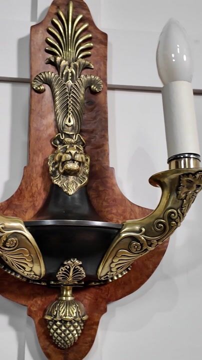 Film of Pair of Empire Style Burr Walnut and Brass Twin-branch Wall Lights