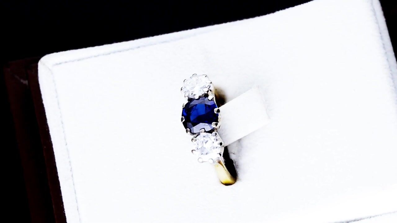 Film of Antique 1.60ct Basaltic Sapphire and 0.98ct Diamond 18ct Yellow Gold Trilogy Ring Circa 1935