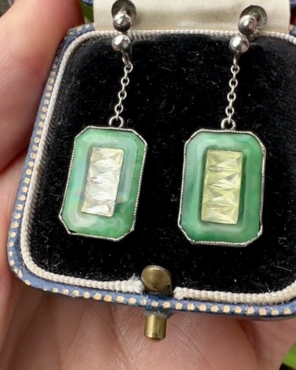 Film of Antique Art Deco Jade Glass Silver Earrings and Ring