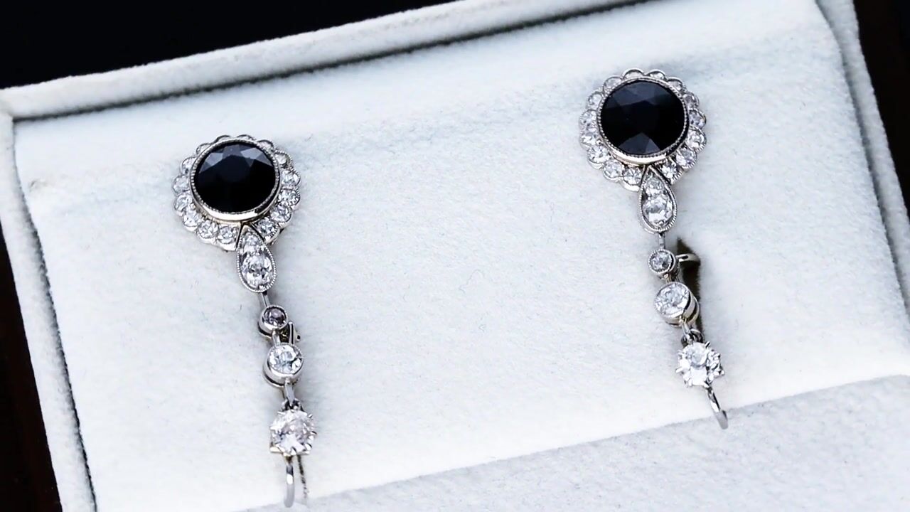 Film of Antique 2.60ct Basaltic Sapphire and 1.32ct Diamond Platinum Drop Earrings Circa 1920