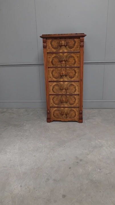 Film of Fine 19th Century Tall Swedish Burr Walnut Wellington Chest of Drawers