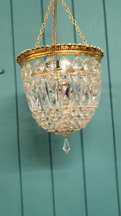 Film of Early 20th Century Gilt Brass Crystal Basket Chandelier 10"