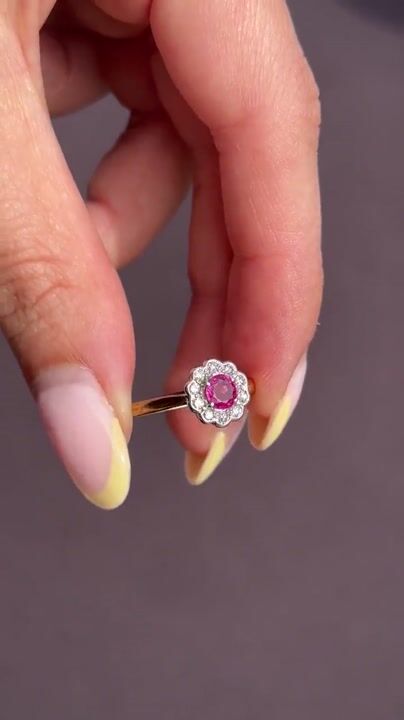 Film of Antique Edwardian Ruby and Diamond Halo Cluster 18ct Gold Ring