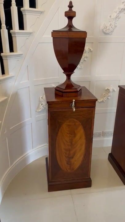 Film of Rare Pair of Antique George III Outstanding Quality Mahogany Inlaid Wine Urns on Original Pedestal Cupboards
