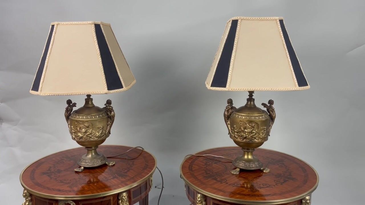 Film of Pair of French Gilt Bronze Urn Lamps with Putti Reliefs C.1900